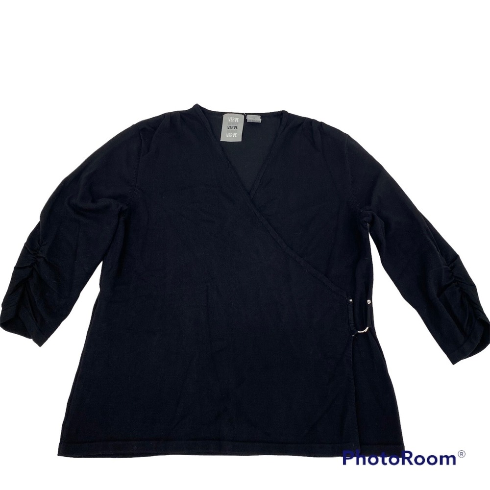 VERVE XL Black Wrap Style Knit Top Shirt Draped Dolman Sleeve Ring Detail Casual